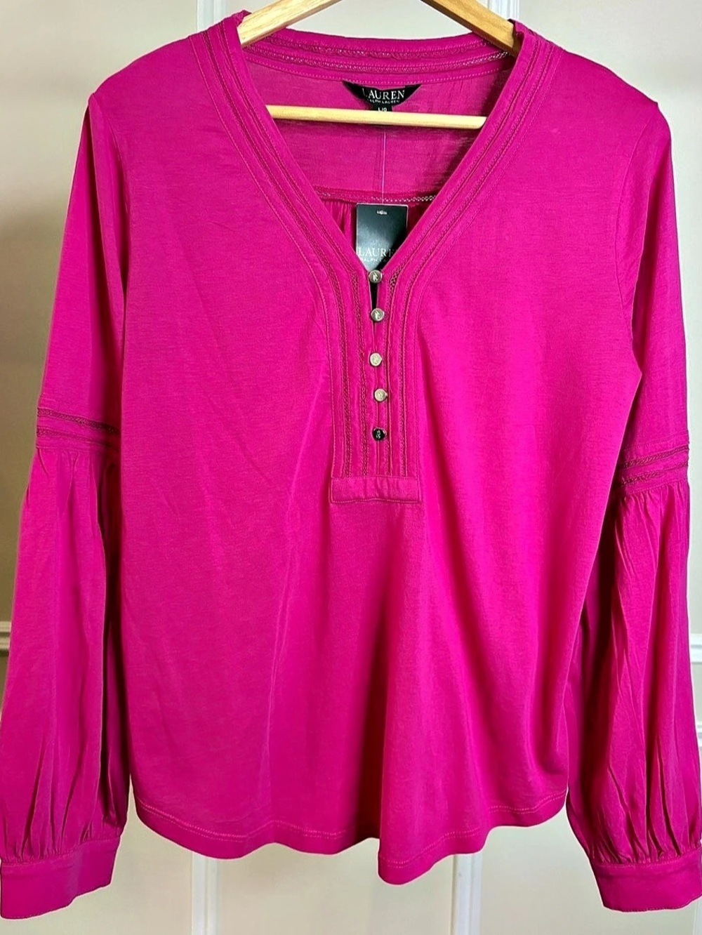 Fuschia Pink Lauren Ralph Lauren Long-Sleeve Cotton Popover Top, Pintuck Details